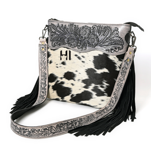 Cowhide Hair Leather Crossbody Bag Flower Tooled Western <b>Fringe</b> Purse - Product Image 2