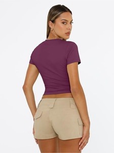 <b>Purple</b> Short Sleeve Crop Top O-Neck Knitted Slim Fit Casual Solid Color Women's Streetwear <b>T</b>-<b>Shirt</b> BY SHAHI IMPEX - Product Image 2