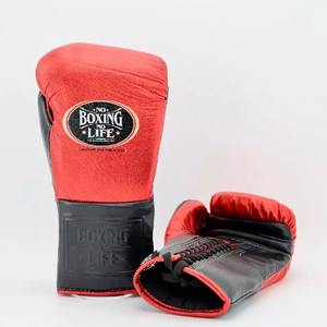 Gants de boxe personnalisés rouge et noir de qualité supérieure 100% cuir véritable No Boxing No Life à lacets - Product Image 1