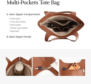 Brown Genuine Leather Tote <b>Bag</b> 13x4.7x11.8 Inch Lightweight Casual Style for Women with Computer Interlayer - Product Image 2
