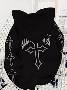 Vintage Acid Wash Black <b>Rhinestone</b> Letter Full Zip Hoodie Oversized Cotton Fleece Hip Hop Streetwear <b>Jacket</b> for Men Women Unisex - Product Image 1
