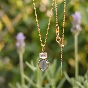 Natural Gemstone Labradorite Moonstone Fashion Pendant Necklace 18k Gold Plated Brass Anti Tarnish Shape Pear Rectangle Jewelry - Product Image 4