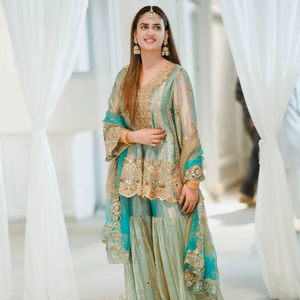 Designer <b>Green</b> Embroidered Kurti Sharara Set with Dupatta | Women Festive Wedding Wear - Product Image 1