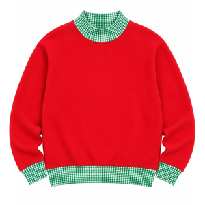 Sudadera navideña OEM personalizada para mujer, cuello simulado, color liso, con ribete a cuadros de gingham en contraste, manga larga, oversize, hombros caídos, tipo jersey. - Product Image 3