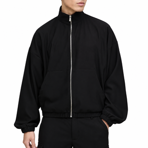 <b>Men's</b> Black <b>Zip</b>-Up Fleece <b>Jacket</b> Oversized Stand Collar Regular Length Casual Autumn Wear Knitted Breathable Solid Design - Product Image 1