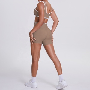 Custom 2026 Seamless 2 Piece Yoga Set Scoop Neck Crop Top High Waist Shorts Contrast Binding Solid Color Sport Wear - Product Image 4
