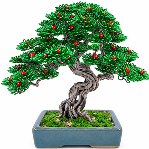 Árbol Bonsái Artificial de Alambre Metálico Hecho a Mano, Pino con Bayas Rojas y Hojas Verdes en Maceta Rectangular de Porcelana - Product Image 1
