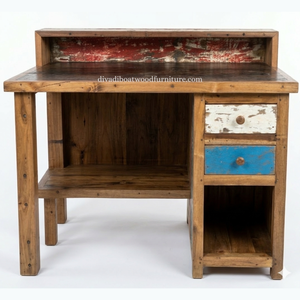 Escritorio DIVADI, Hecho a Mano con Madera de Barco Reciclada, Minimalista, Ecológico, Antiguo, para Oficina en Casa, con Cajones, Natural - Product Image 1
