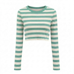 เสื้อยืดครอปแขนยาวสีเขียวมิ้นท์ลายทางขาว แฟชั่นขายส่ง เสื้อผ้าฤดูร้อนน้ำหนักเบา สไตล์ลำลอง สตรีทแฟชั่น ขายส่งจำนวนมาก - Product Image 1