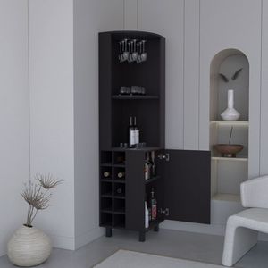 Mueble Bar Esquinero Kaia de 70 Pulgadas de Alto en Color Negro Wengue con Cuatro Estantes, Diez Compartimentos para Botellas de Vino y Almacenamiento para Copas - Product Image 5