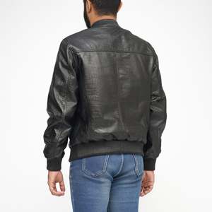 Blouson bomber en simili cuir perforé noir pour homme avec fermeture éclair - Product Image 2