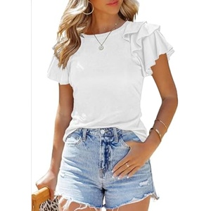 210g algodón peinado mujer Casual Ruffle Petal manga corta Tops lindo Color sólido Camisetas cuello redondo blusas - Product Image 2