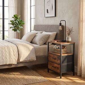 Modern Farmhouse Nightstand with 2 Drawers, Wood Grain <b>Bedside</b> Cabinet with Open Shelf, <b>Rustic</b> End <b>Table</b> for Bedroom Living Room - Product Image 5