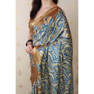 ผ้าคลุมไหลไหมทัสซาร์สีทอง ลายพิมพ์นามธรรม ทอแบบซารี น้ำหนัก 450 กรัม สำหรับงานปาร์ตี้ - Product Image 3