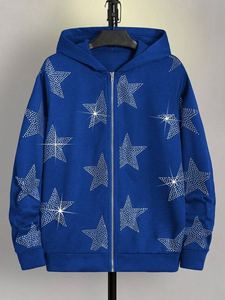 Sudadera con Capucha Azul para Hombre, 100% Algodón Ecológico, Tejido con Estampado de Estrellas de Diamantes de Imitación, Corte Holgado, Estilo Casual para Otoño - Product Image 6