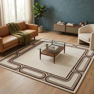 Solid Abstract Hand Tufted Rug Modern Wavy Border Area Rug Cream Brown Woolen Carpet Luxury Office Floor Decor Soft PET Friendly - Product Image 4