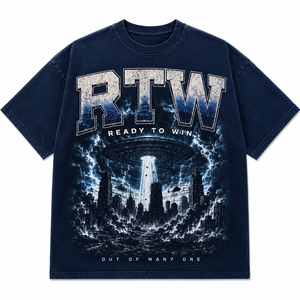 เสื้อยืดพิมพ์ลาย RTW Ready To Win แขนสั้น คอกลม สำหรับผู้ชาย สไตล์ลำลอง สตรีทแวร์ สีน้ำเงิน ผ้าเจอร์ซีย์คอตตอน - Product Image 1