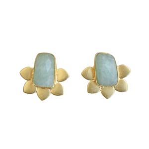 Boucles d'oreilles artisanales en laiton et amazonite, plaquées or, légères, en pierre naturelle, clous floraux, vente en gros - Product Image 2