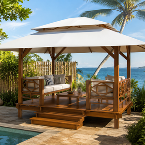 Gazebo de Madera de Teca Sólida de Lujo para Exteriores con Toldo, Pabellón de Jardín Moderno, Cabaña de Resort para Hotel, Villa o Patio - Product Image 1