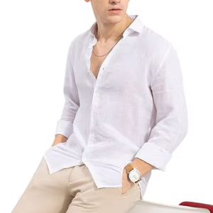 Chemise d'été pour homme en lin 100% écologique - Blanche, manches longues, col rabattu, style décontracté, idéale pour les vacances, avec un seul bouton - Product Image 1