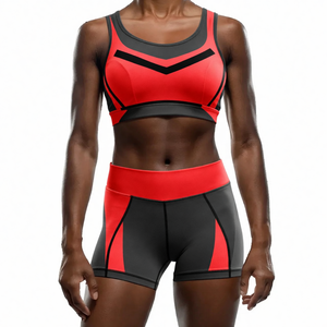 <b>Red</b> Black 2 Piece Yoga Set High Waist Shorts Scoop Neck Racerback Crop Top Seamless Breathable Color Blocking - Product Image 1