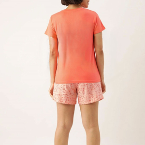 Conjunto de 2 Piezas para Mujer, Shorts de Punto Color Coral, Cuello Redondo, Manga Corta, Casual, Transpirable, Corte Holgado, para Primavera/Verano, Uso Diario - Product Image 2