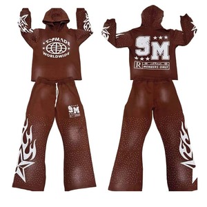 Survêtement unisexe marron épais à capuche, manches longues, style streetwear, coupe ample, avec cordon de serrage, pour adultes, idéal pour l'hiver - Product Image 1