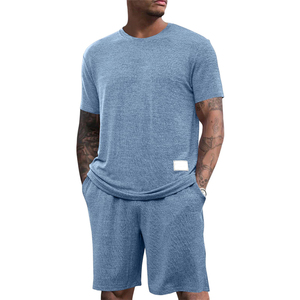 Conjunto de Camiseta y Pantalones Cortos de Algodón Azul para Hombre, Casual, Transpirable, Tejido de Punto, Color Sólido, Cintura Elástica, Diseño con Bolsillos 2026 - Product Image 6
