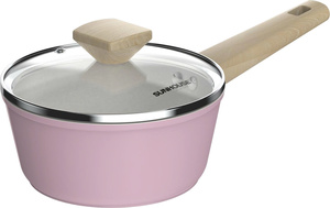 Juego de ollas SUNHOUSE de cerámica rosa antiadherente con base de acero inoxidable, tapas de vidrio y mangos de madera para cocinas de gas e inducción - Product Image 3