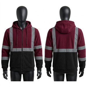 Sweat à capuche de travail en molleton de coton et polyester 320 GSM, design bordeaux et noir avec bandes réfléchissantes, logo personnalisé - Product Image 1