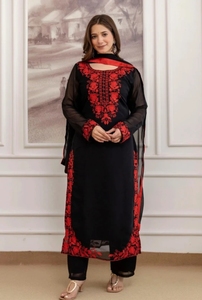 Black Red Embroidered Chiffon Shawl Ethnic <b>Scarf</b> Modern Autumn Wrap Skin-Friendly Breathable for Daily Wear - Product Image 5