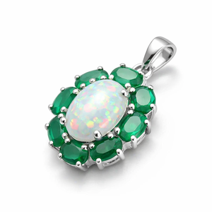 Wholesale Women's Minimalist Rhodium Plated <b>Opal</b> and Green Onyx <b>Pendant</b> 925 Sterling Silver Oval Cluster Design - Product Image 3