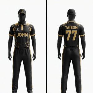 Men Cricket Uniform Premium Mesh Quick Dry Polyester 160 GSM <b>Light</b> for Jersey Black Gold Custom Solid Digital Print <b>Name</b> Number - Product Image 1