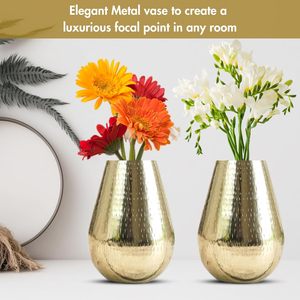 Drop Shape Metal Hammered Flower Vase <b>Gold</b> Set of 2 Decorative Tabletop Vase for Home Living Room Bedroom Office and Event Decor - Product Image 5