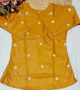 Trendy Mustard Slub Cotton Short Kurtis With Embroidery Regular Fit Traditional <b>Indian</b> Pakistani Casual Wear Tunic <b>Top</b> for Women - Product Image 6