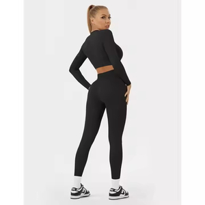 Ensemble de yoga côtelé pour femme, taille haute, manches longues, tenue de sport sans couture, couleur unie, grande taille, imperméable - Product Image 2