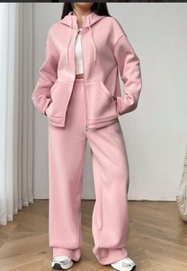 Ensemble de survêtement de luxe pour femme avec sweat à capuche à épaules tombantes et double fermeture éclair, et pantalon de jogging coupe droite décontractée, personnalisable OEM pour boutique - Product Image 5