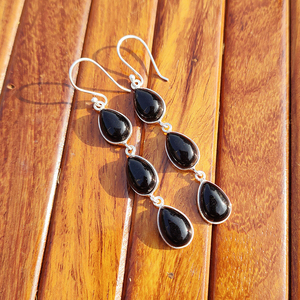 <b>Black</b> Diamond Teardrop Bezel Setting Triple Drop <b>Earrings</b> Women Handmade Silver Plated Brass Bohemian Designer Statement Gift - Product Image 5