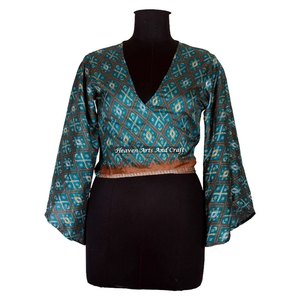 New Arrival New Style Floral Print Sari Silk Crop <b>Top</b> Indian Handmade Silk Knot <b>Top</b> Gift For Women Free Size Bell Sleeve Casual - Product Image 5