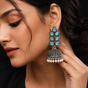 Pendientes Jhumka de Ónix Azul Cielo en Forma de Lágrima Oxidados, Plata Antigua, Imitación de Perla Colgante, Joyería Boho de Moda para Boda, Venta al por Mayor - Product Image 2