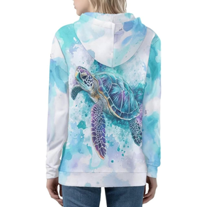 Sudadera con Capucha para Mujer con Estampado de Tortuga Marina Turquesa, Sublimada, Transpirable, de Poliéster y Spandex, con Cierre Completo, Casual, de Manga Larga - Product Image 2