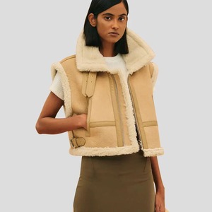 Chaleco de piel de oveja B3 marrón elegante para mujer, chaleco de aviador de cuero genuino para invierno - Product Image 4