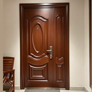 Puerta de Entrada Tradicional de Madera Sólida con Panel Lateral, Diseño Curvo, Puerta Frontal Abatible Manual, Superficie Acabada - Product Image 1