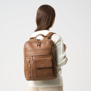 Brown <b>Leather</b> Travel <b>Backpack</b> for <b>Men</b> & Women 15 Inch Laptop Bag Vintage Multi Pocket <b>Backpack</b> with Trolley Sleeve - Product Image 3