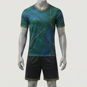 Maillot de football pour homme, col en V, manches courtes, vert bleu, imprimé végétal, polyester respirant, coupe athlétique, toutes saisons - Product Image 3