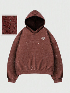 Sudadera con capucha de diamantes de imitación de moda, jersey marrón personalizado con diamantes de imitación negros por toda la prenda, sudaderas con diseño de piedras brillantes, fabricante OEM, EE. UU. - Product Image 4