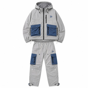Men's Gray Blue Hooded Tracksuit Heavyweight Polyester Casual Windproof Full Length <b>Pants</b> Side Pockets Winter Wear 2 1 Design - Product Image 1