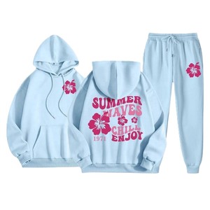 Ensemble sweat à capuche et pantalon de survêtement rose pour femme avec imprimé floral motif vagues estivales, coupe décontractée ample, manches longues, fermeture à cordon - Product Image 2