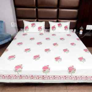 Drap de lit double en pur coton imprimé floral Jardin de roses roses romantiques avec 2 taies d'oreiller et bordure décorative blanche pour chambre à coucher - Product Image 1