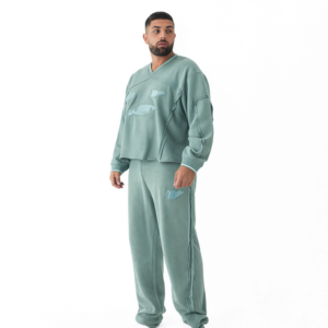 Conjunto Deportivo Verde Claro con Cuello en V, Corte Holgado, Color Sólido, con Bolsillos Laterales, Transpirable, Estilo Casual para Otoño - Product Image 1